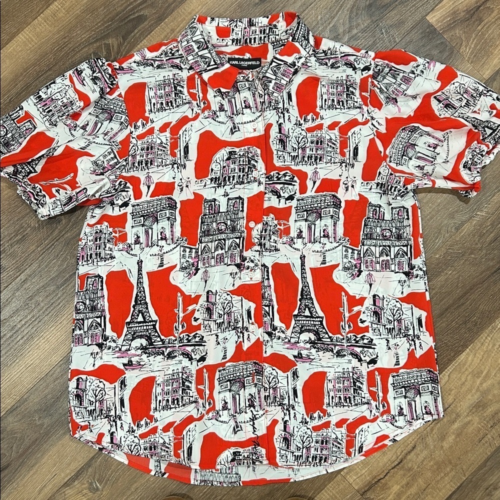 Karl Lagerfeld Women's Printed Bungee-Sleeve Short Shirt size L button Up - Picture 1 of 14